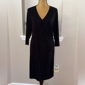 Chico’s Travelers black surplice Faux wrap 3/4 sleeve slinky stretchy dress, L